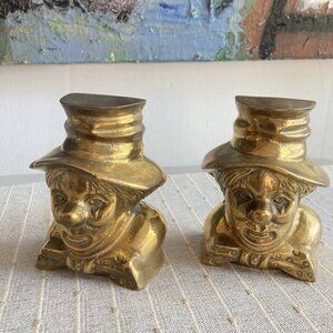 Vintage Brass Clown Bookends Mid Century Craftsman 5.25" Pair Shelf Decor